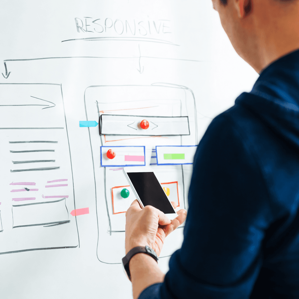 Person holding smartphone viewing whiteboard with responsive design notes