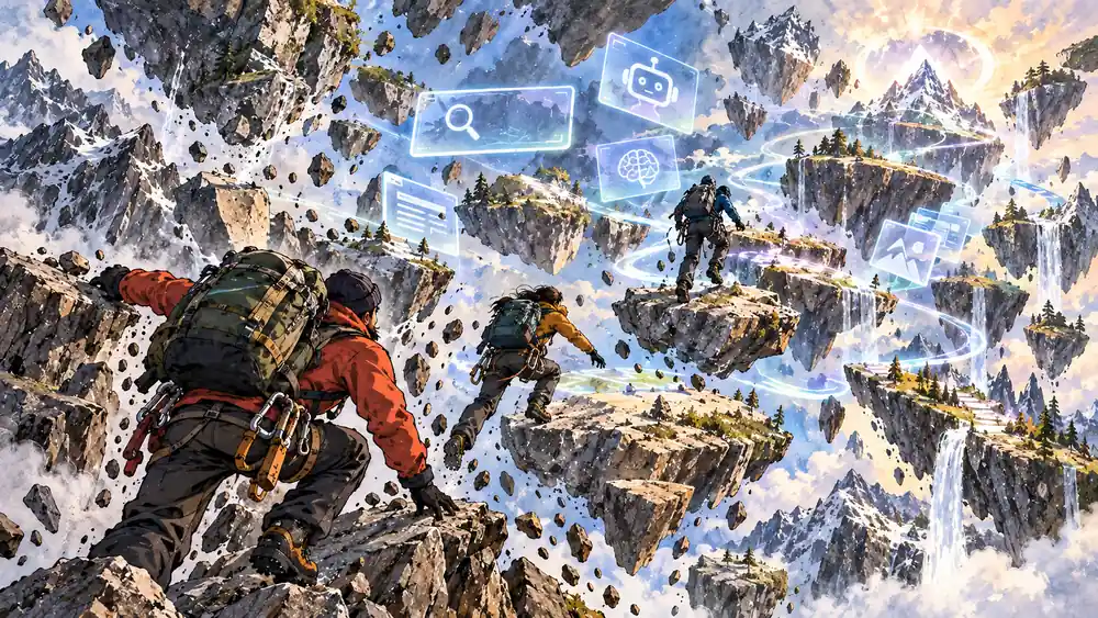 Metaphorical cartoon of SEO specialists jumping from one piece of ground to another one, after the changes on the SERPs