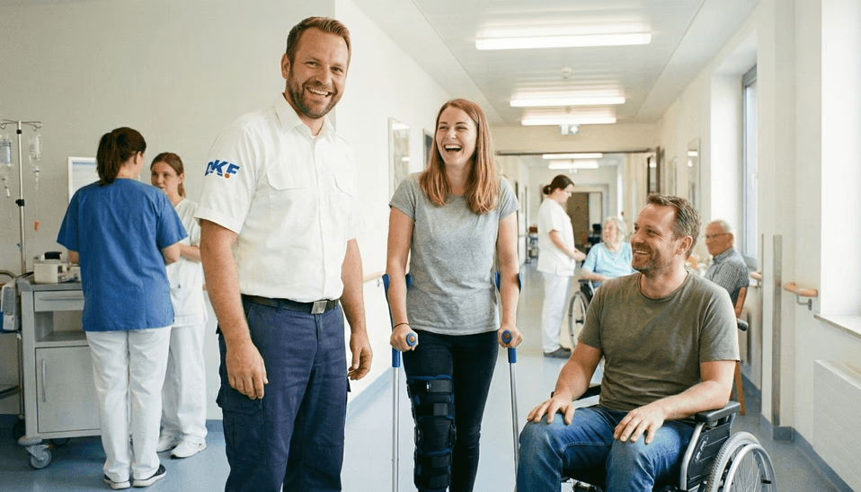 DKF Krankenfahrer mit zwei glücklichen Patienten