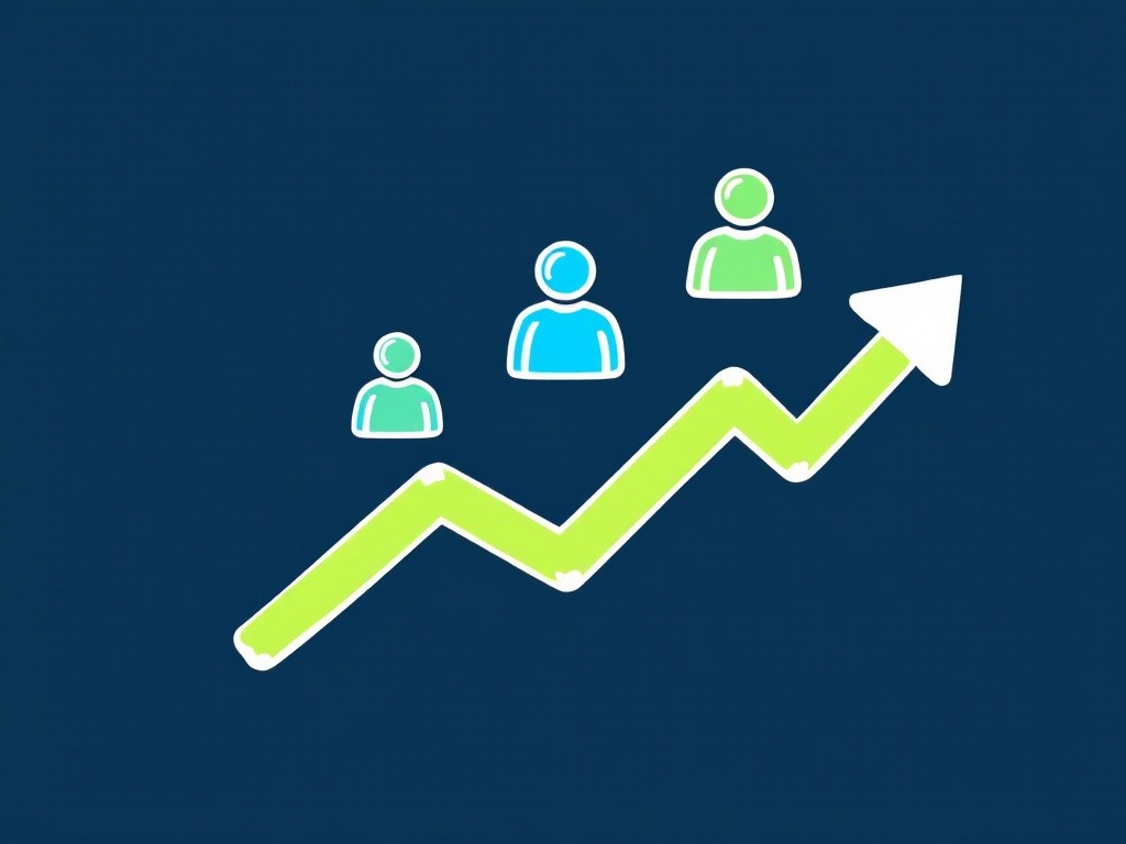 Growth chart showing an upward trend with three people icons of different colors representing an increase in team members or customers.