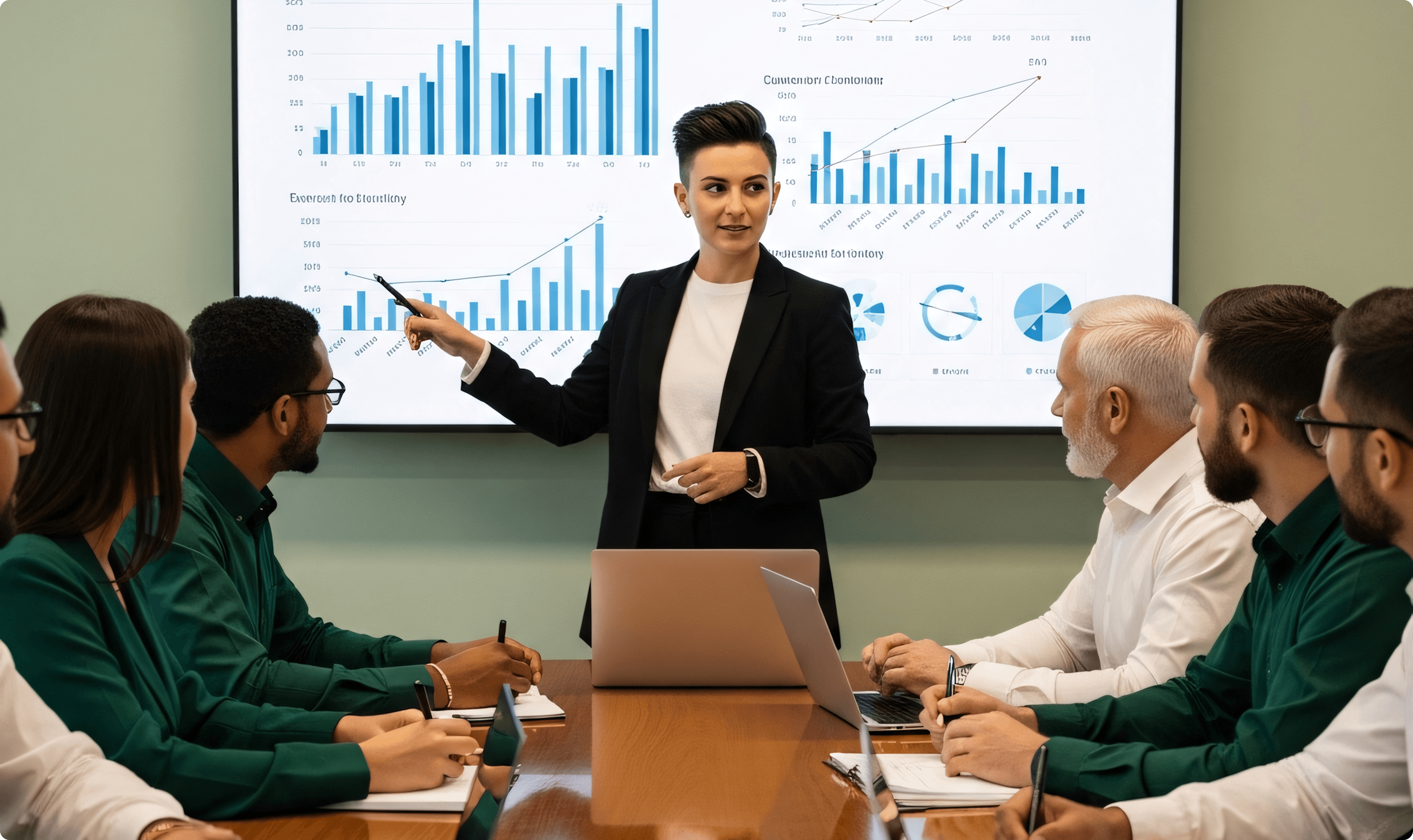 Confident female scientist standing with arms crossed in a cutting-edge laboratory filled with advanced scientific equipment.