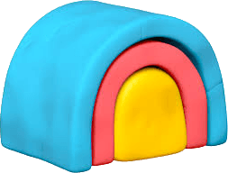 A colorful play tent with a blue exterior, red arch, and yellow entrance, designed for children's imaginative play.