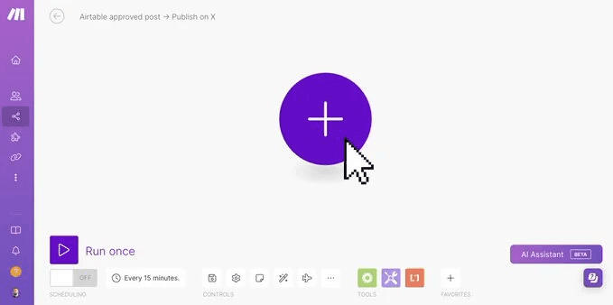 Make.com interface showcasing new scenario creation for "Airtable approved post + Publish on X" in Lucas Ostrowski's automation workflow. Purple UI with large add button and scheduler options illustrates the seamless integration of Airtable and X in no-code automation processes.