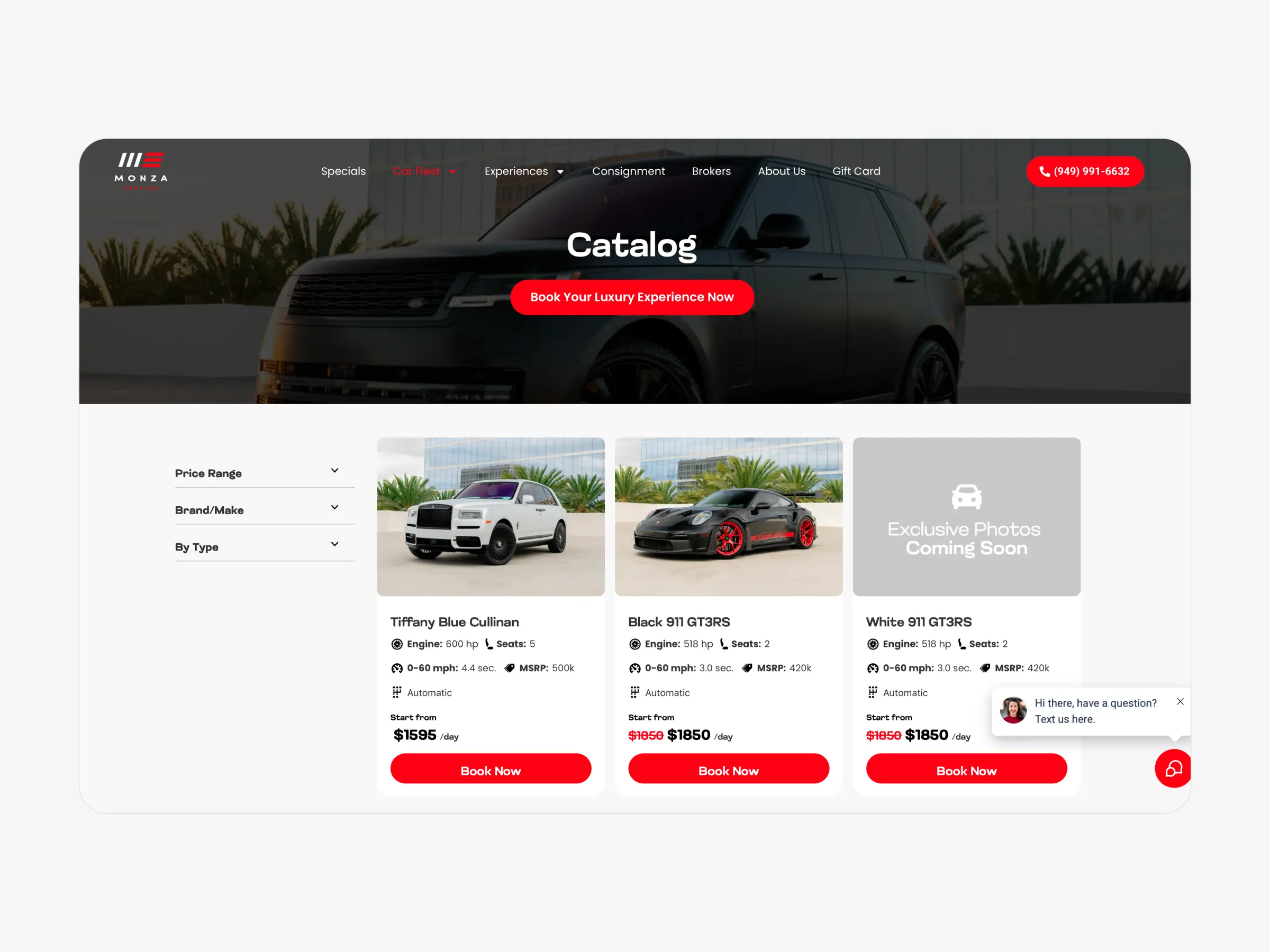 Monza Exotics car rental website catalog page with vehicle cards and filtering options