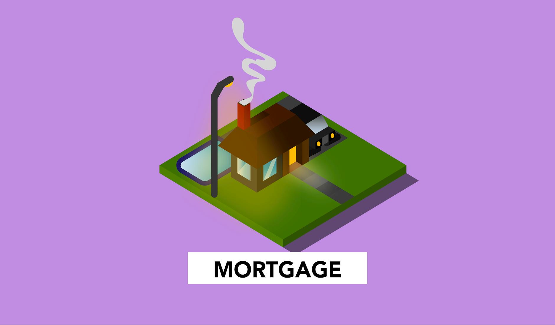3D illustration of a house with a smoking chimney labelled MORTGAGE on a purple background