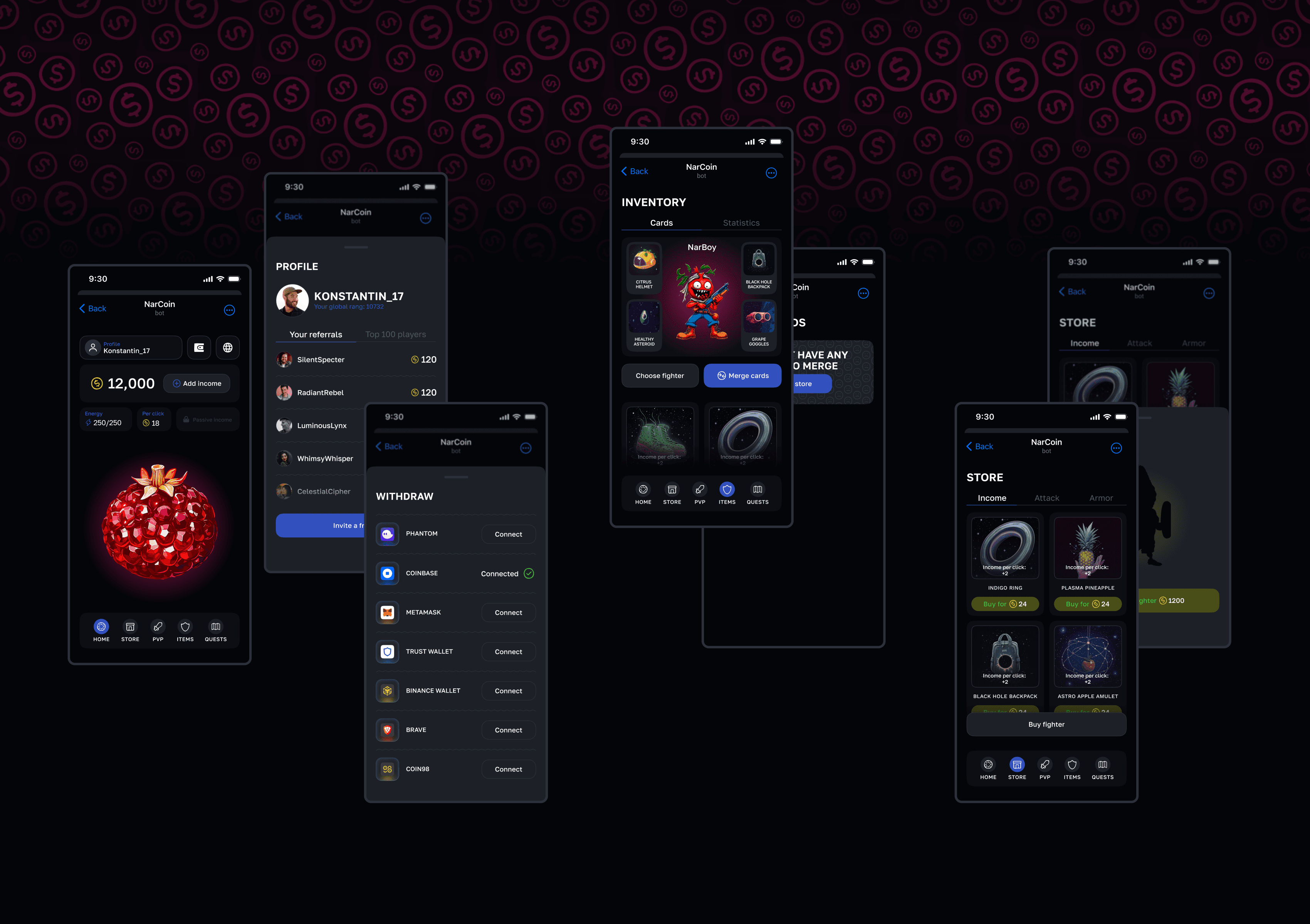 NarCoin mobile app interface showcasing wallet connection, inventory, store, and profile screens.