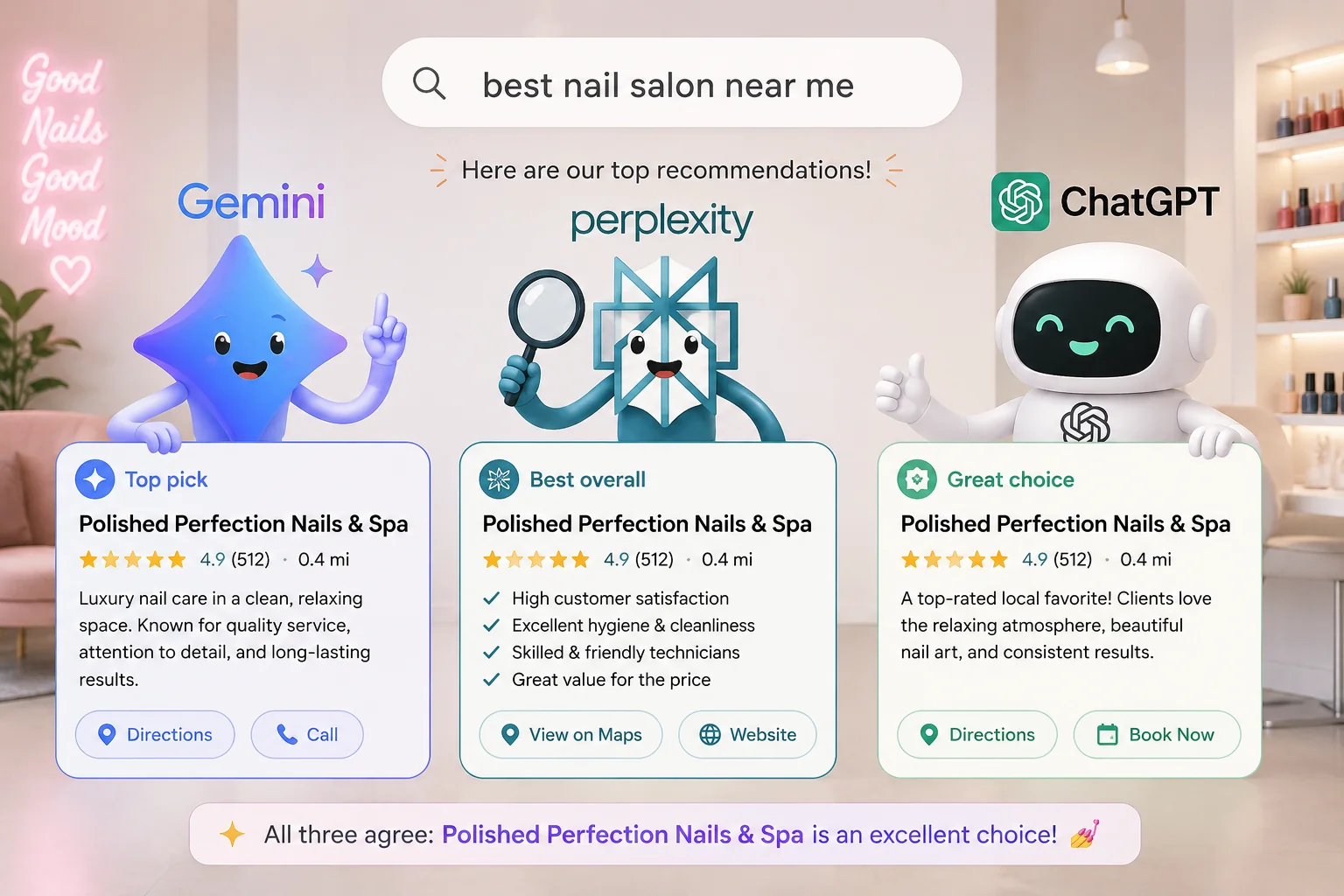 Image of Gemini, Perplexity and ChatGPT recommending a small local business