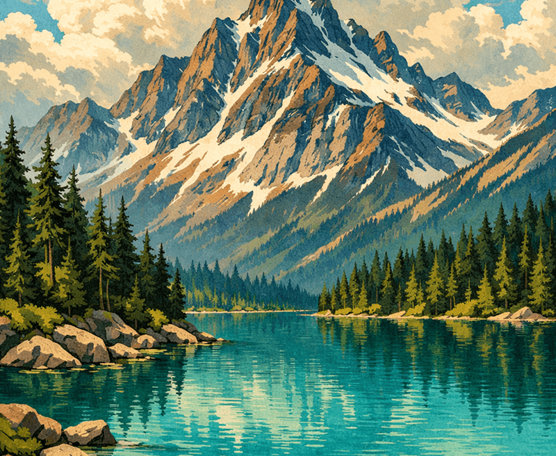 A tranquil mountain lake scene depicted in a painting, featuring lush trees and rugged rocks along the shoreline.