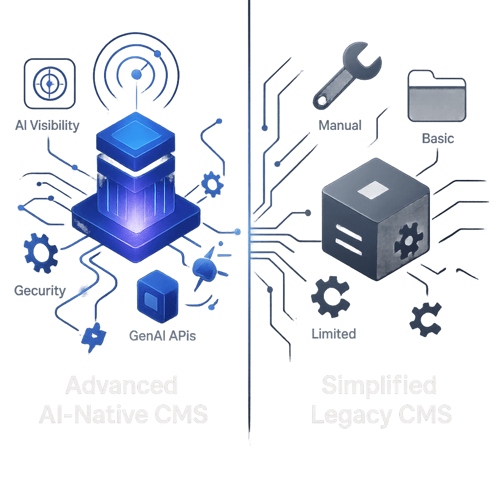 Side-by-side diagram contrasting feature-rich AI CMS architecture with a stripped-down legacy CMS.