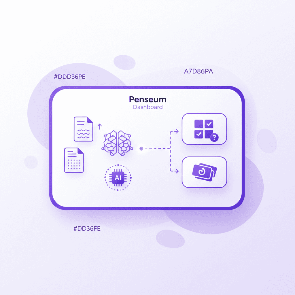 Penseum user interface showing automated flashcards and quizzes generated from study notes