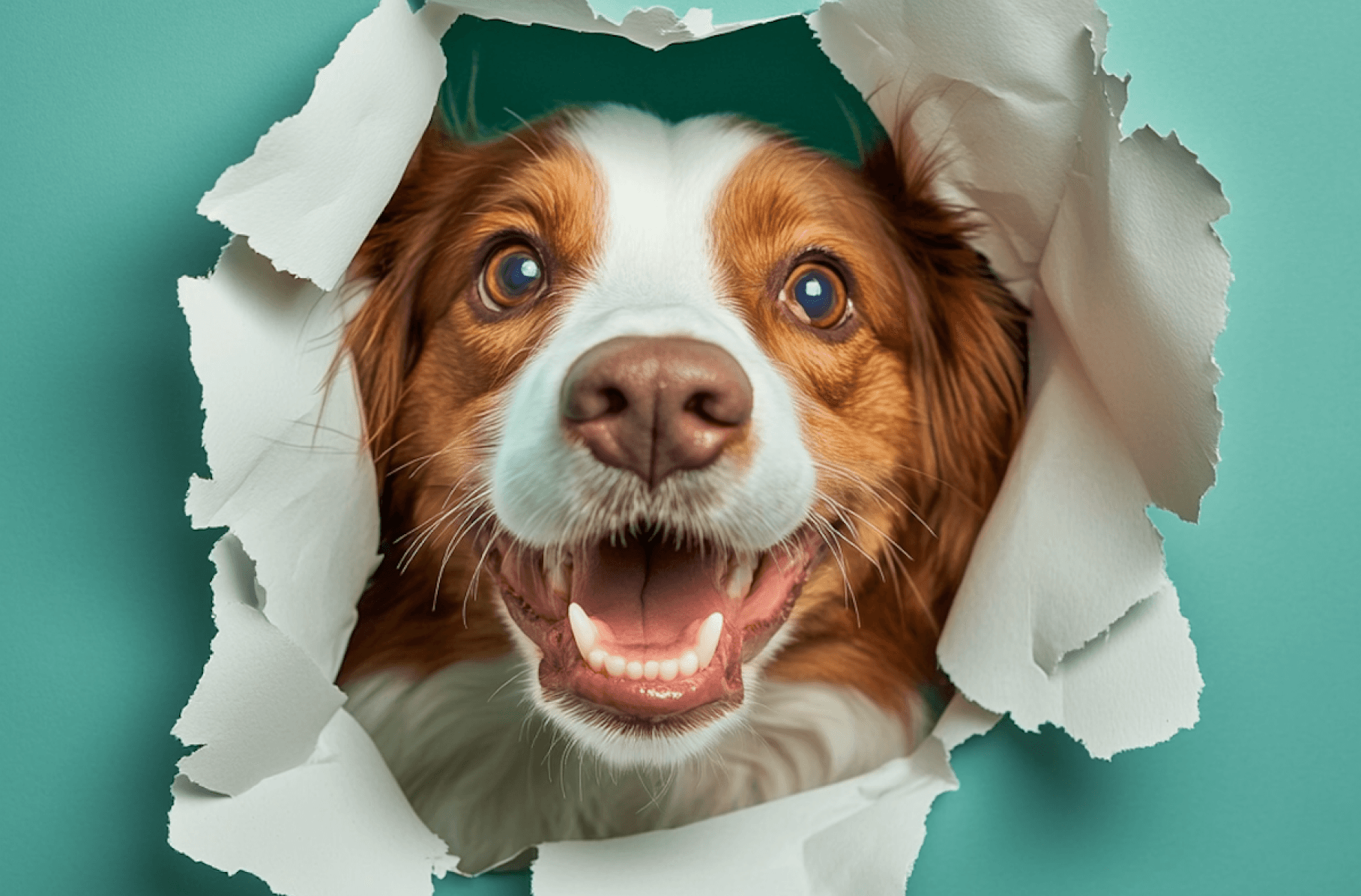 goofy puppy peeking through a paper hole