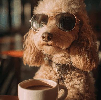 dog drinking a coffee wearing glasses