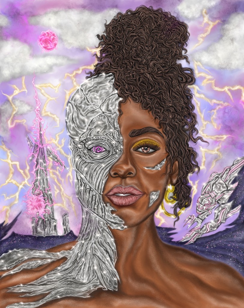 Portrait of a woman whose face is split between skin and silver ornamental patterns under a stormy purple sky