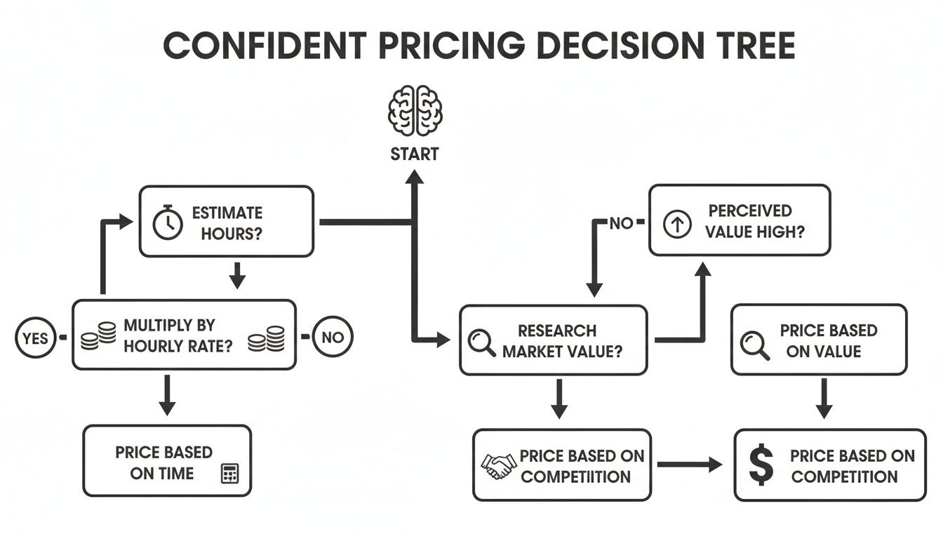 Decision tree flowchart guiding pricing strategies based on time, market, value, and competition.