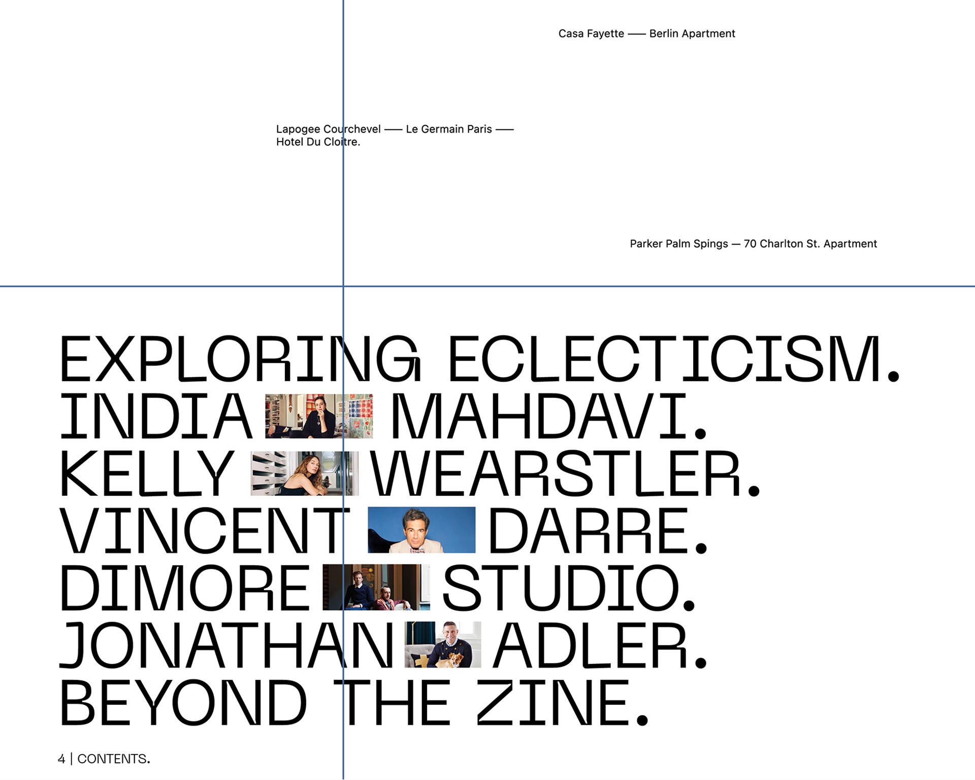 The image features a modern, minimalist layout with bold, black text listing various designers and locations like "India Mahdavi" and "Vincent Darre," against a white background, accompanied by images of contemporary design elements.