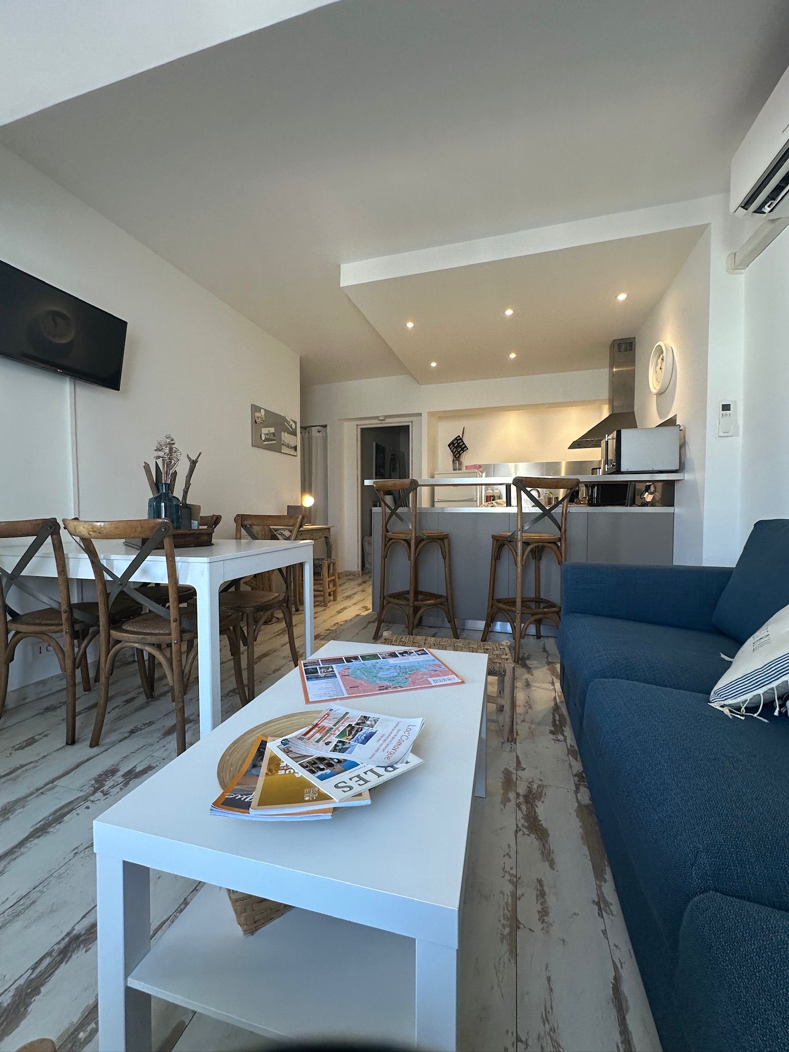 Décoration de salon bohème avec canapé gris, plantes vertes d'intérieur et vue sur un balcon aménagé par une porte-fenêtre lumineuse.