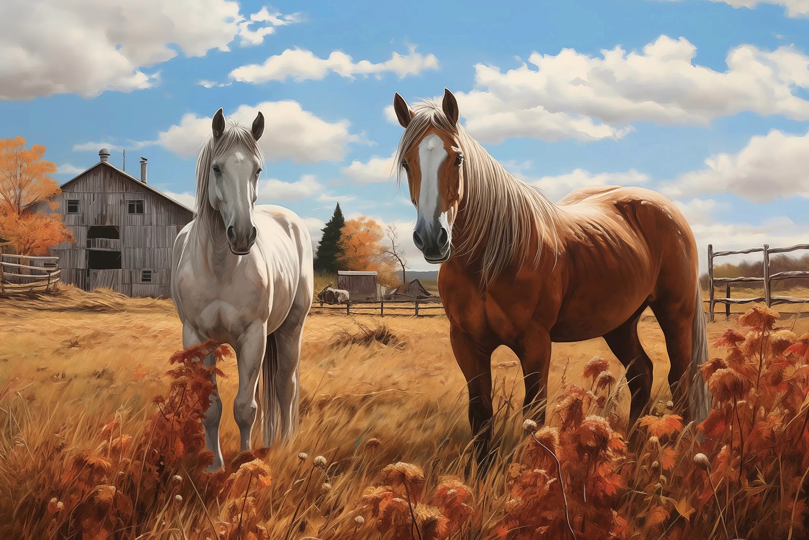 Folk Fable AI horse farm painting print