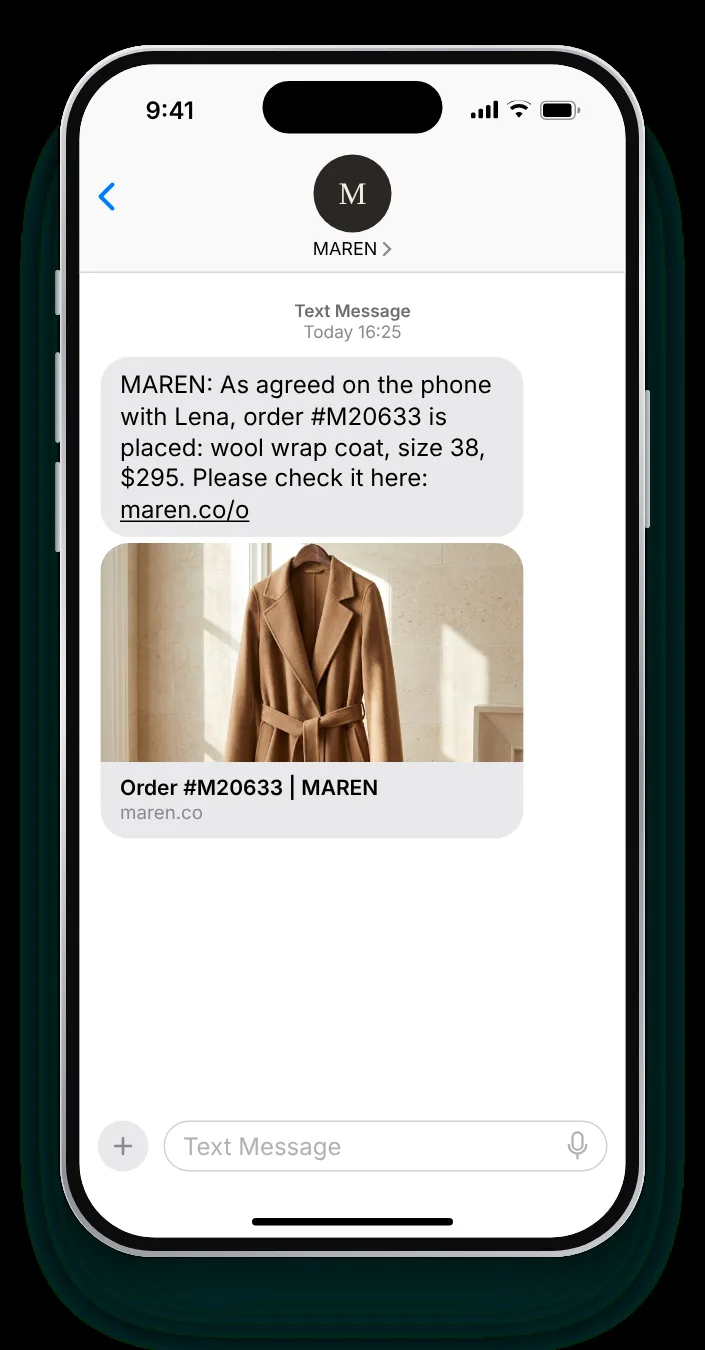 An order taken by a stylist order confirmation text on an iPhone