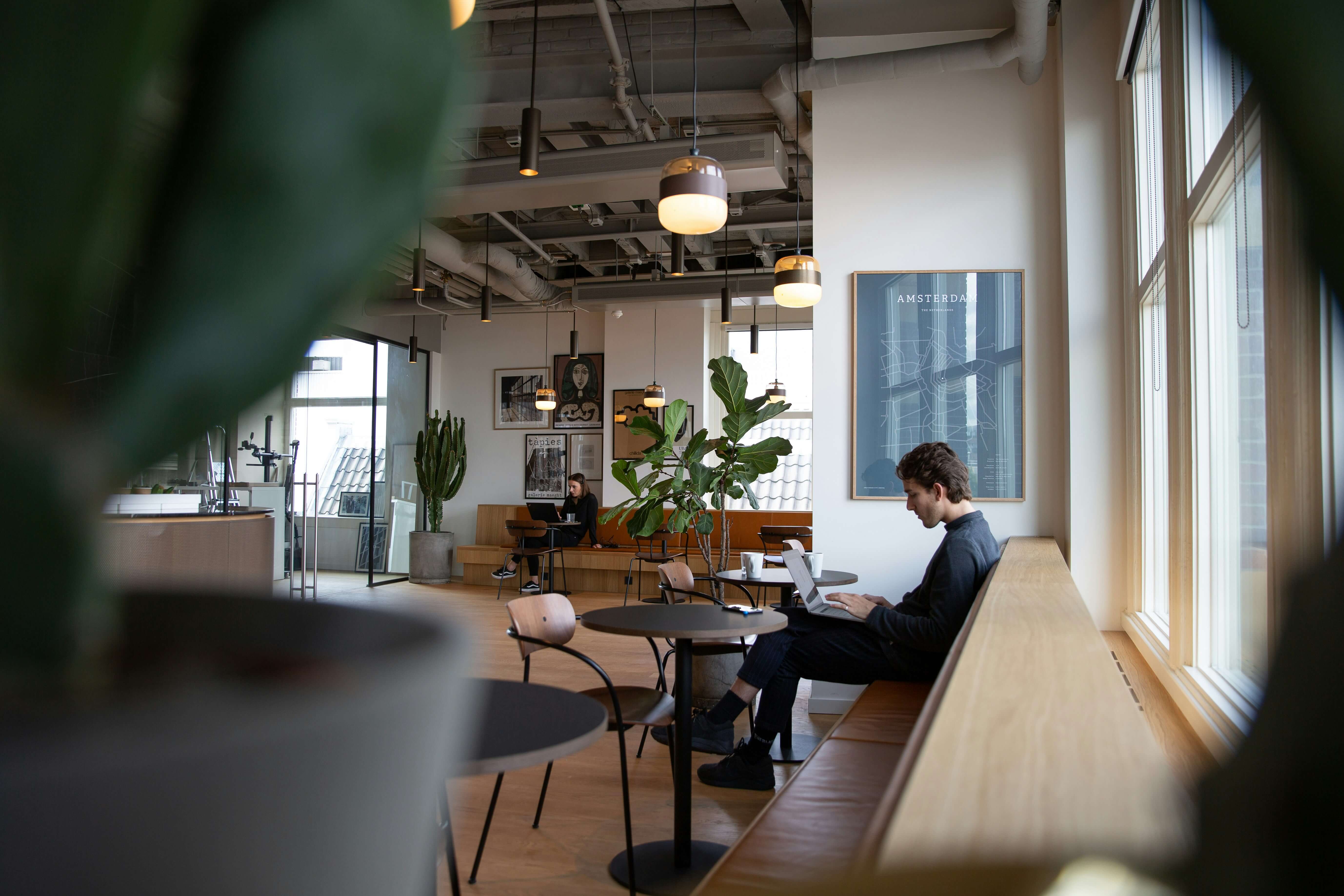 An open office space with large windows and industrial decor. A person sits on a bench working on a laptop, surrounded by lush green plants and sleek furniture.