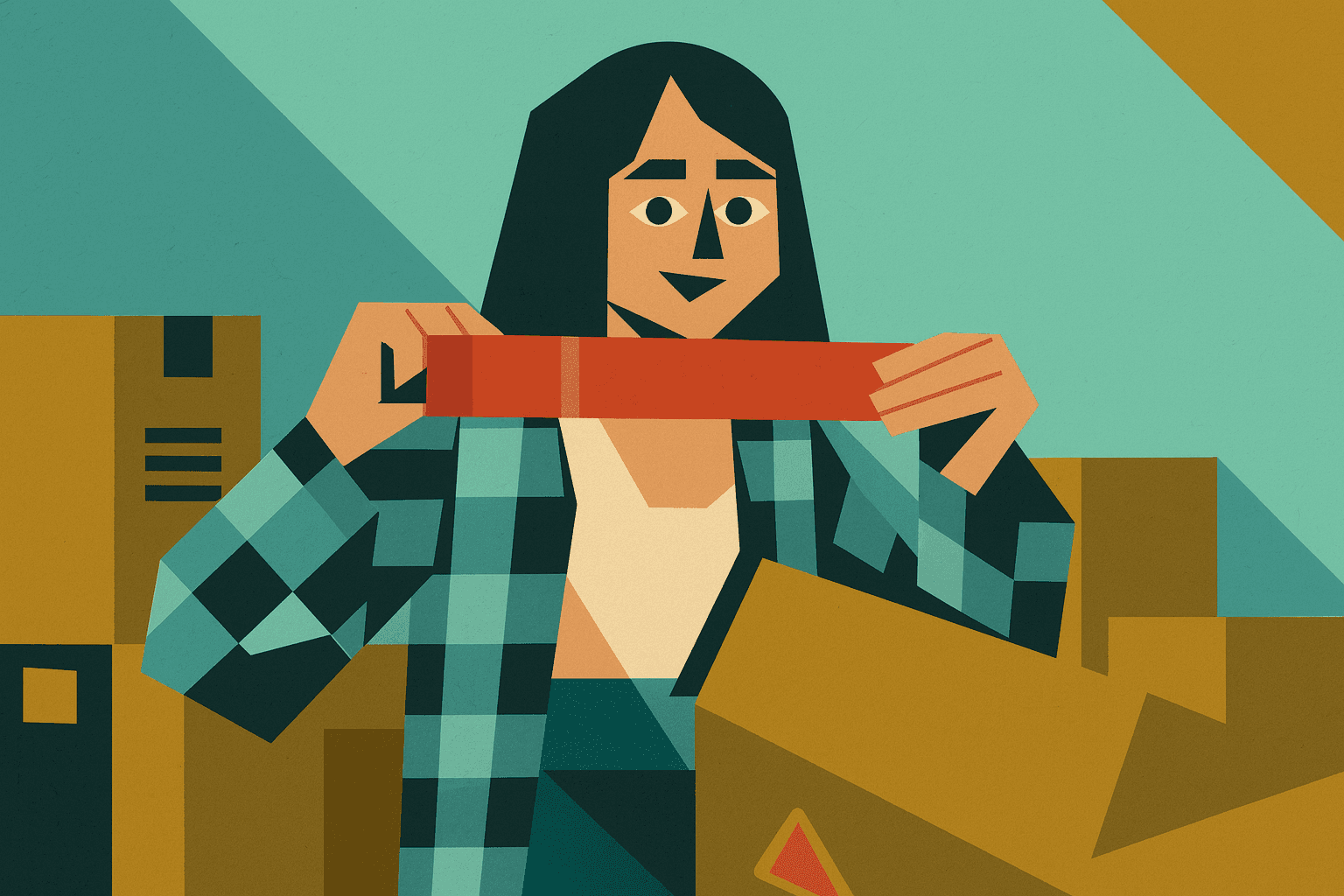 Donna sorridente che prepara scatole durante un trasloco, simbolo di libertà e cambiamento legato alla vita da freelance.