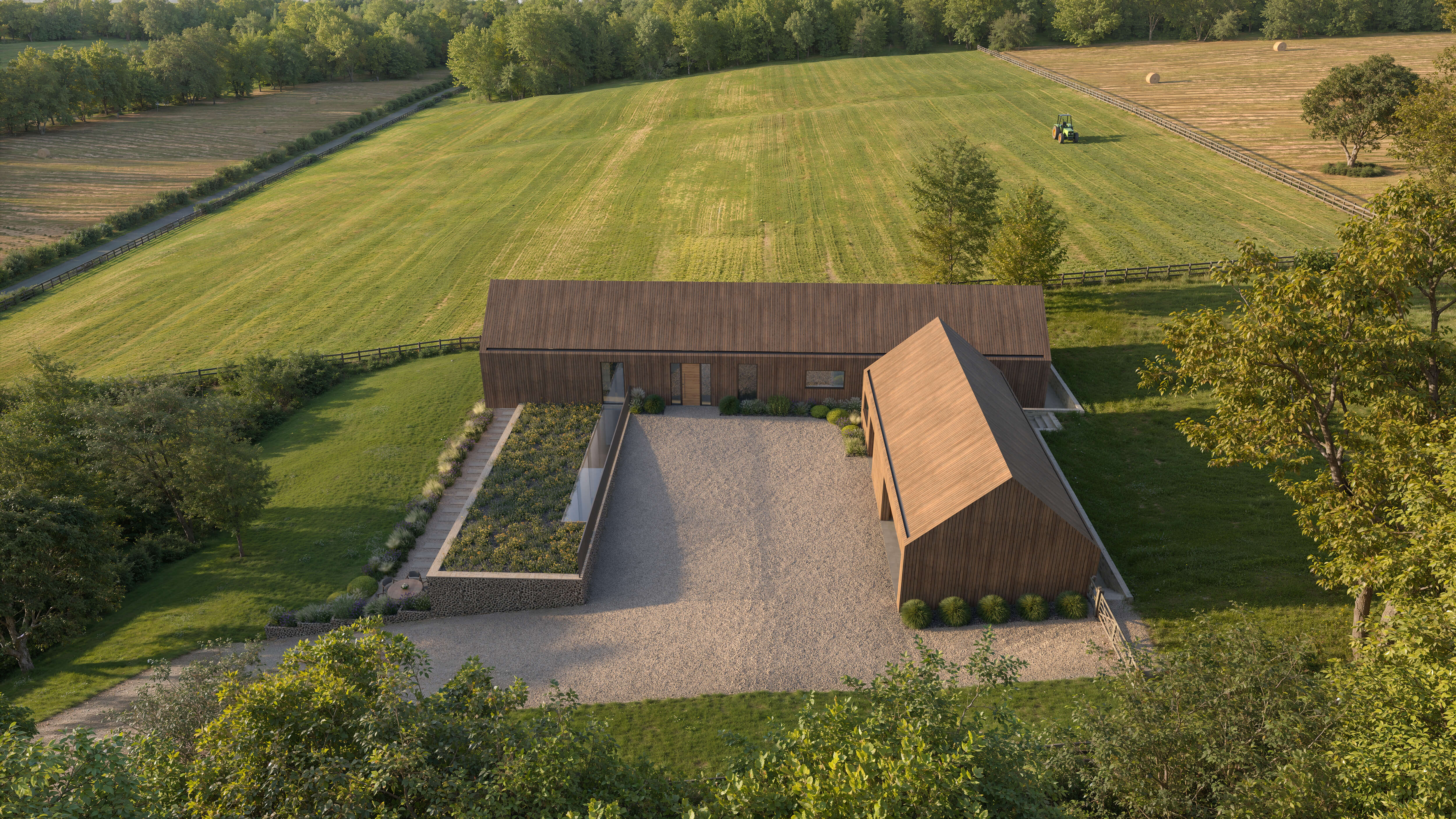 Overhead view of The Arch’s courtyard and barn-inspired buildings within the Hampshire landscape