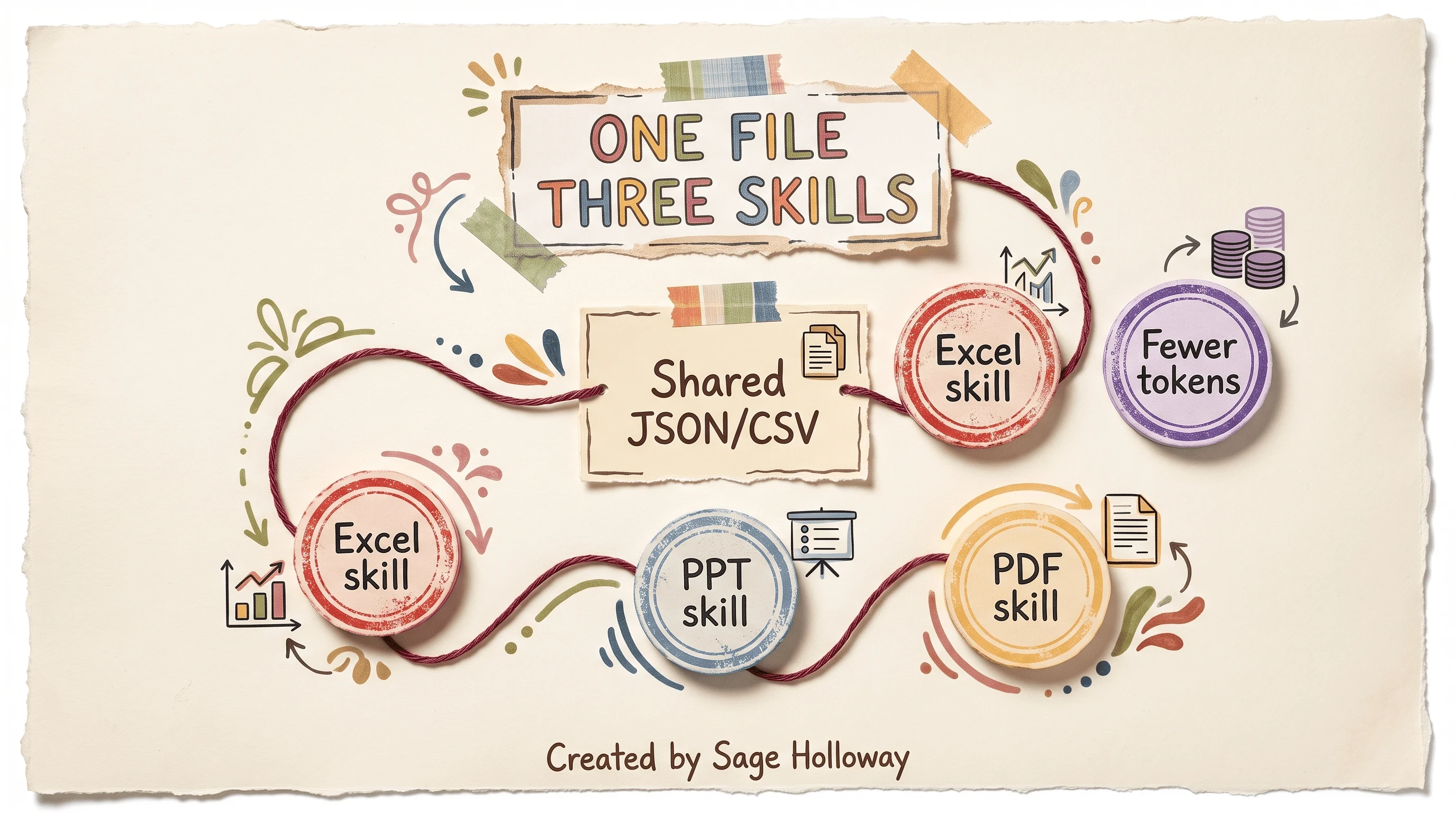 Scrapbook diagram of a shared data file feeding Excel, PowerPoint, and PDF finance skills in sequence