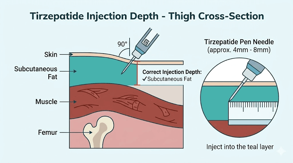 Thigh cross-section anatomy showing subcutaneous injection depth for tirzepatide