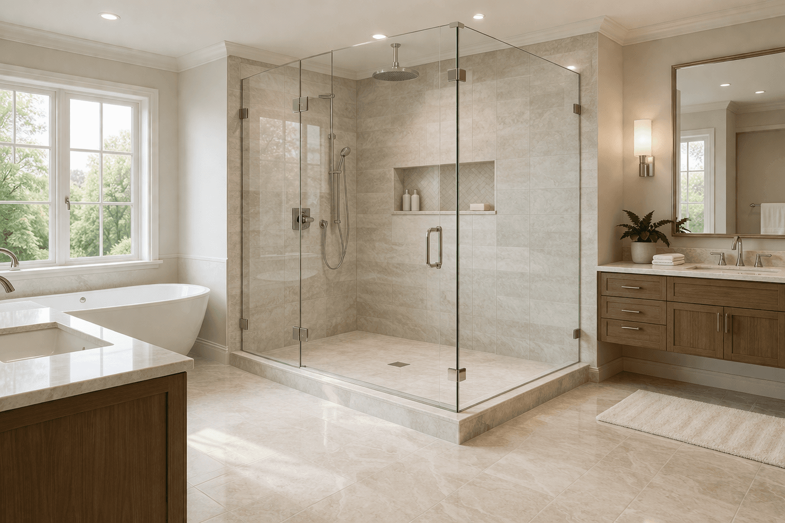 Team collaborating in a modern office with computers and laptops on a shared desk.