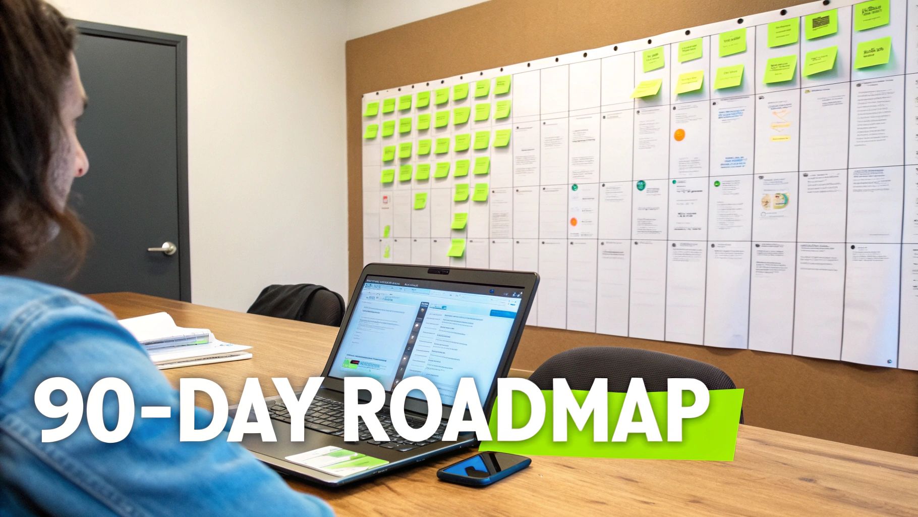 Person reviewing a laptop in an office, with a large physical 90-day roadmap board in the background.