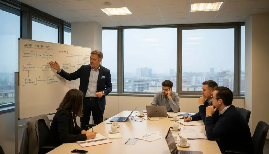 Responsabile della sicurezza che coordina una riunione per la valutazione dei rischi