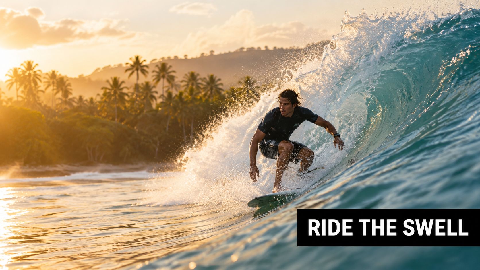 A professional surfer rides a large wave at sunset near a tropical beach in Costa Rica.