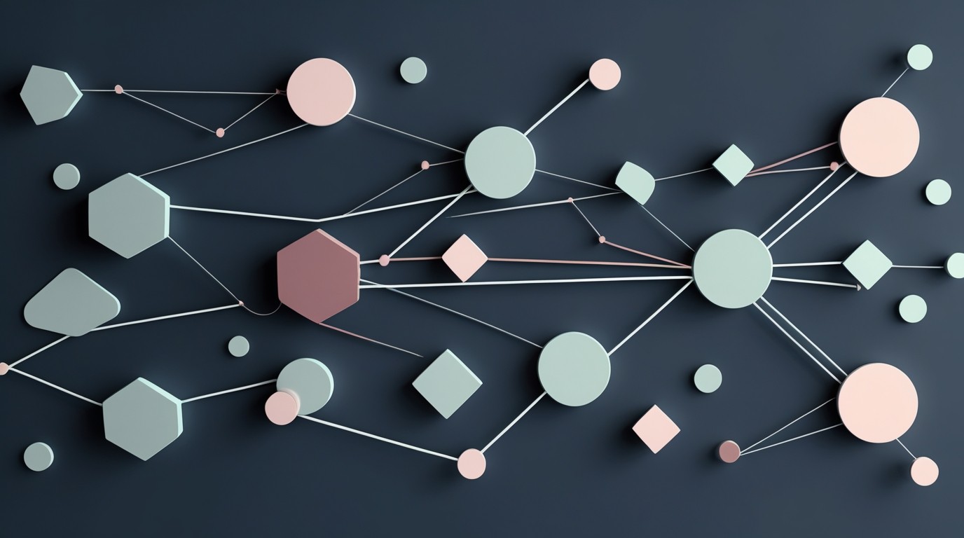 abstract network diagram, scattered disconnected geometric shapes and pathways