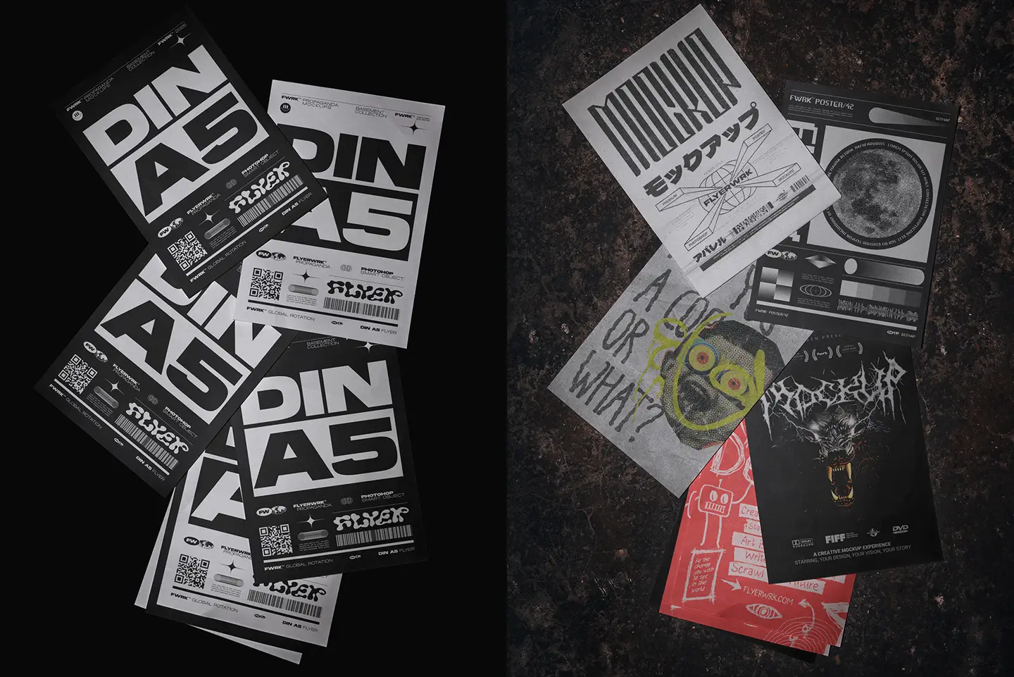 A small stack of A5 flyers scattered on a dark, dusty concrete basement floor