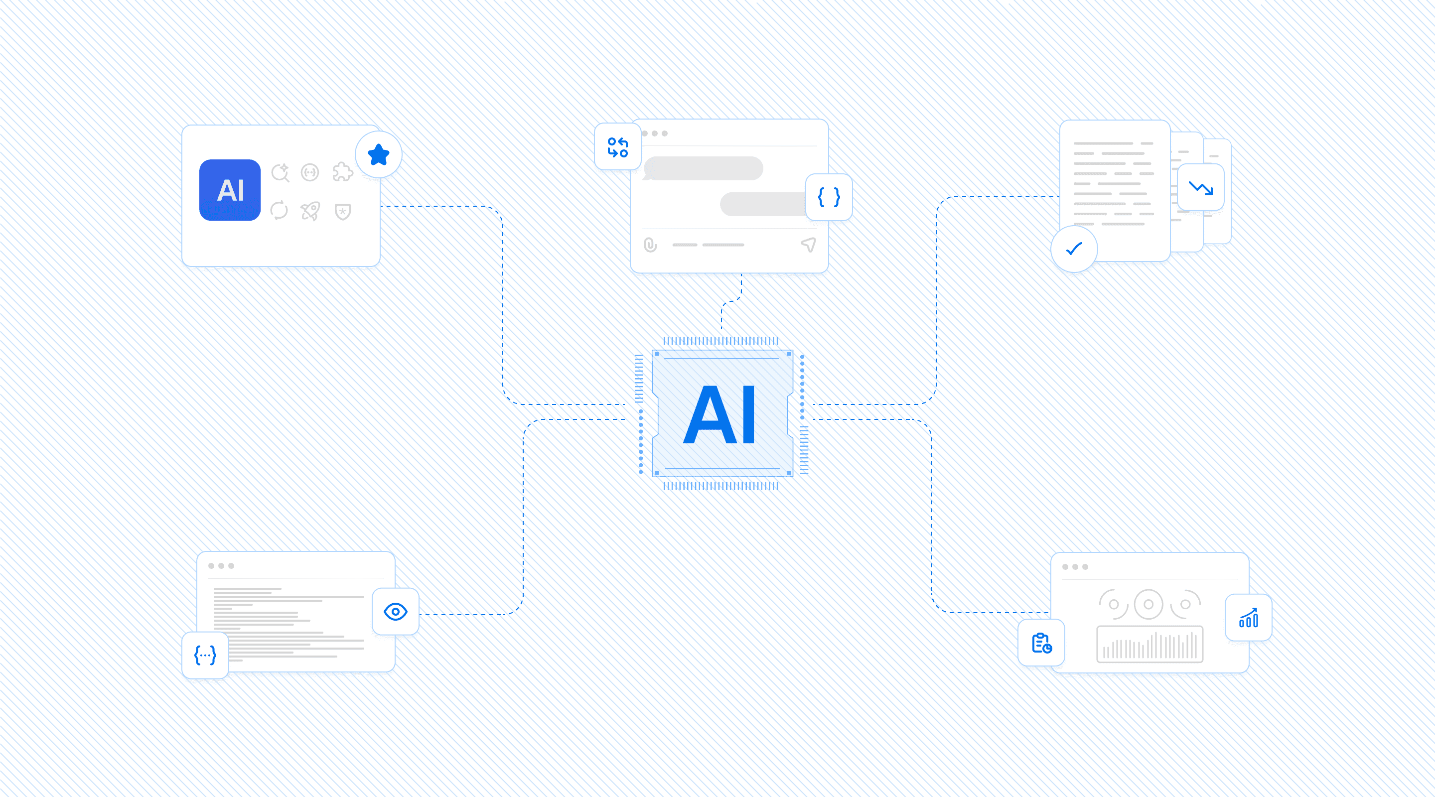 Illustration of an AI‑powered software delivery workflow showing a central AI engine connected to code, testing, documentation, validation, and system analysis pipelines, representing reusable AI workflows and automation across engineering teams.