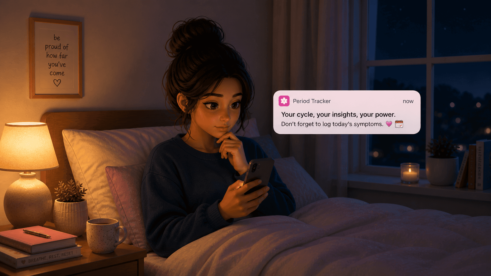 A calm illustrated woman begins her first period tracking entry with a calendar, pen, and phone.
