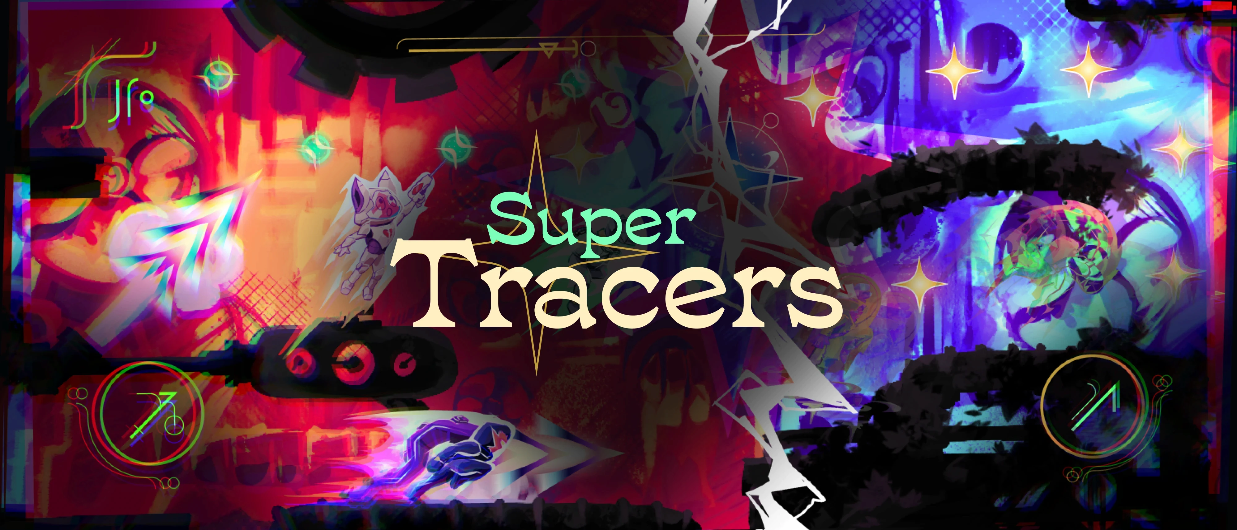 Project: ‘super tracers’ - Central portfolio cover image for SuperTracers featuring a dynamic collage of in-game action, characters, and the bold logo, illustrating the asymmetric time-travel mechanics. 