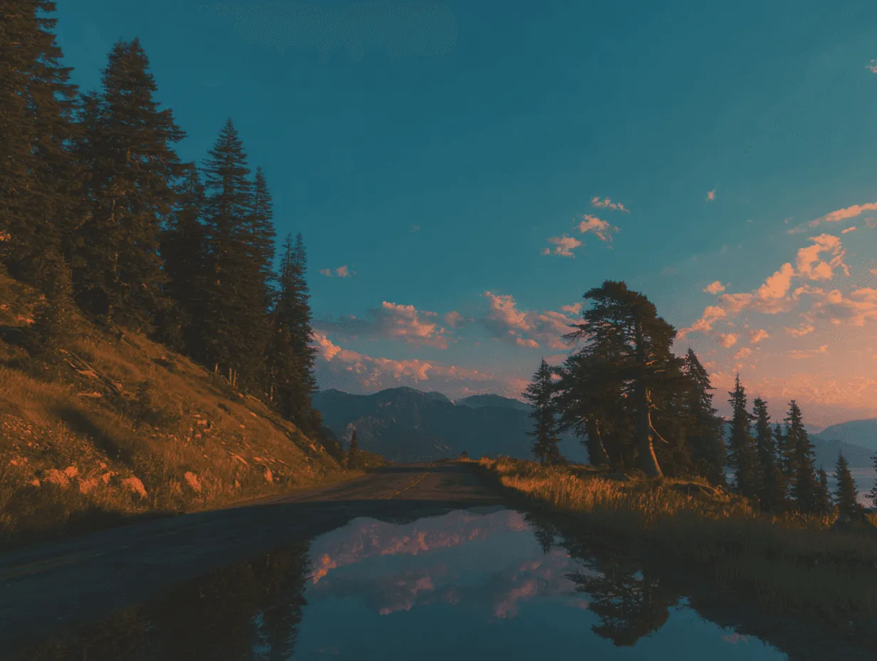 Scenic mountain road at sunset with pine trees and sky reflected in a rain puddle