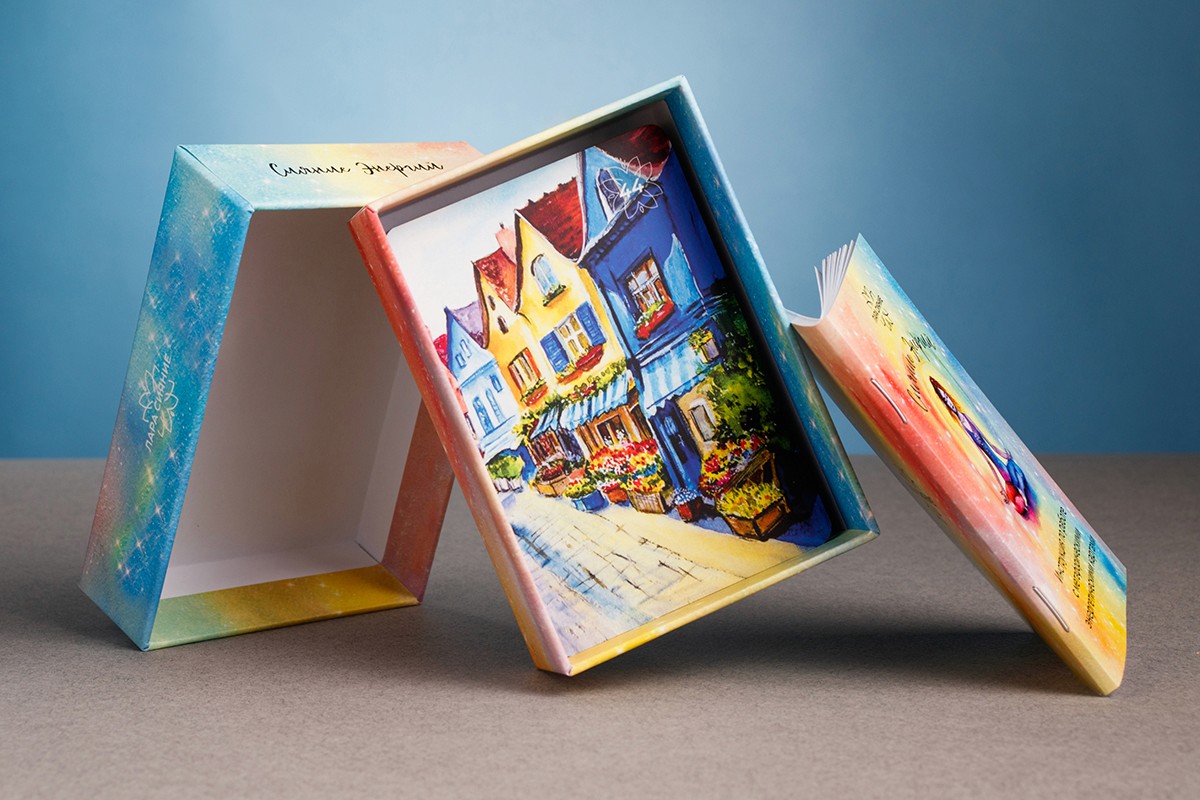 Rigid boxes, card decks, boxes, packaging for "Radiance of Energies" printed on coated paper, coated board, binding board with mounting to board, digital printing.