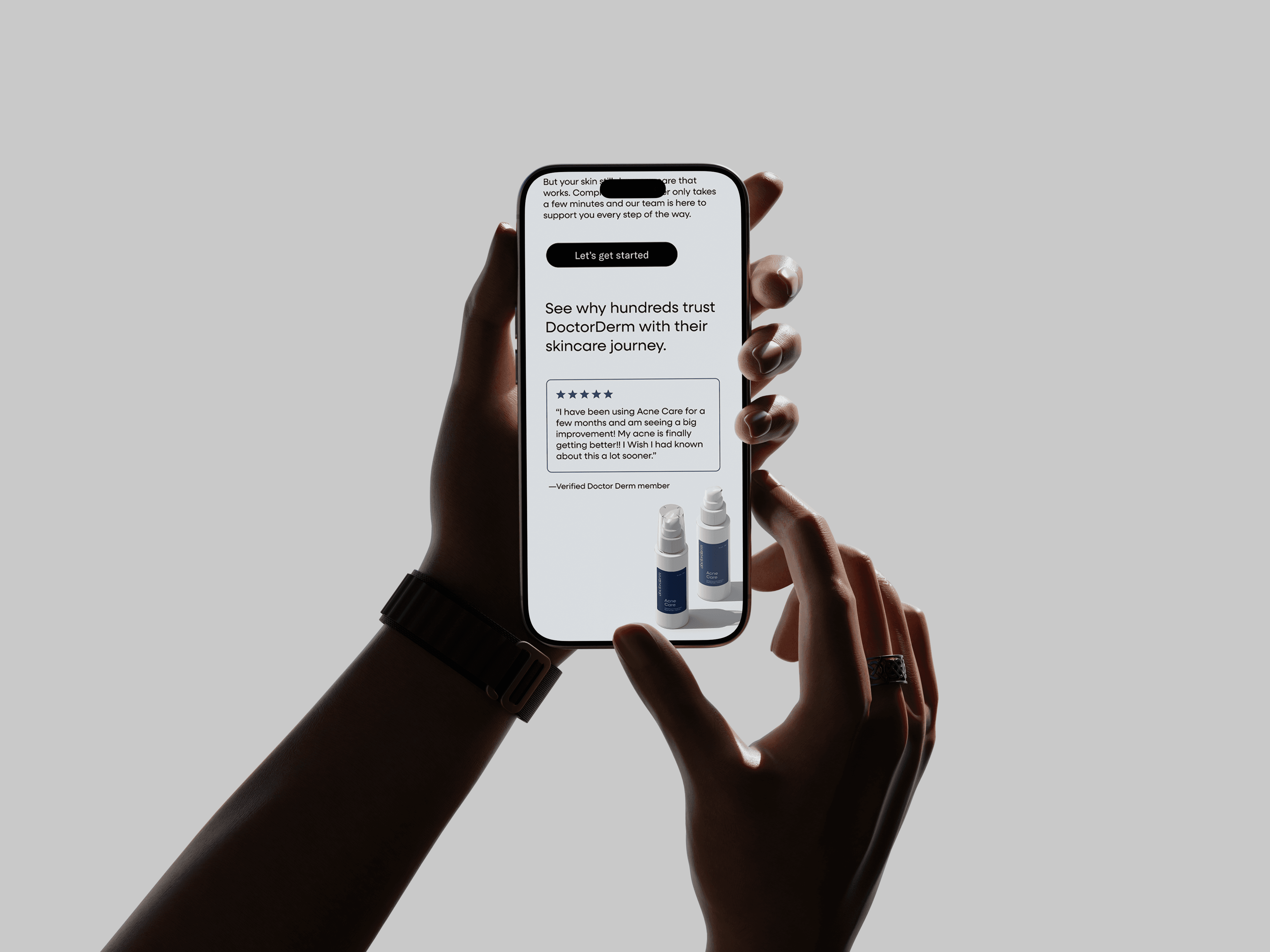 Hands holding a smartphone showing the Doctorderm skincare email.