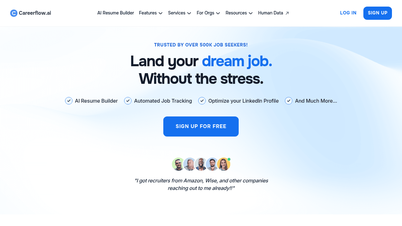 Careerflow.ai homepage showing AI-powered resume optimization and job search management features for career acceleration