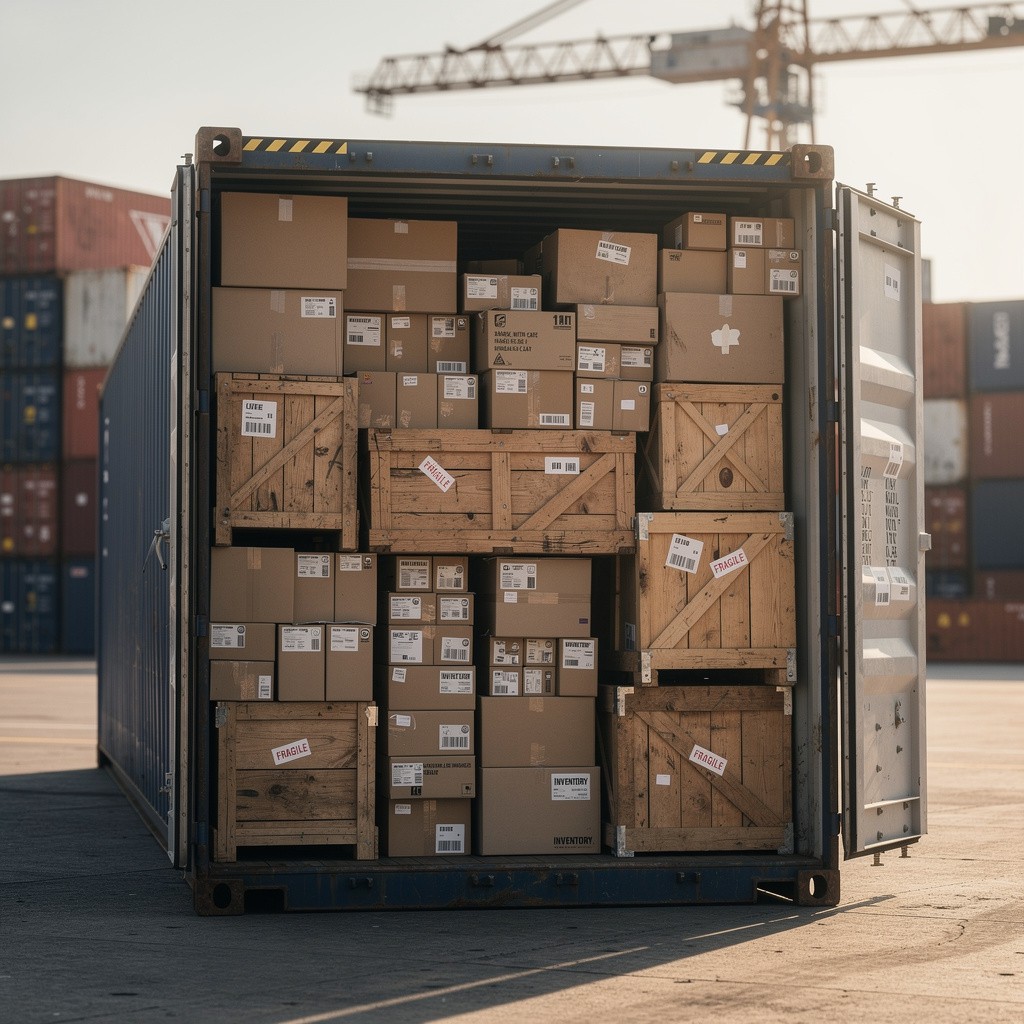 A shipping container full of cargo and packages
