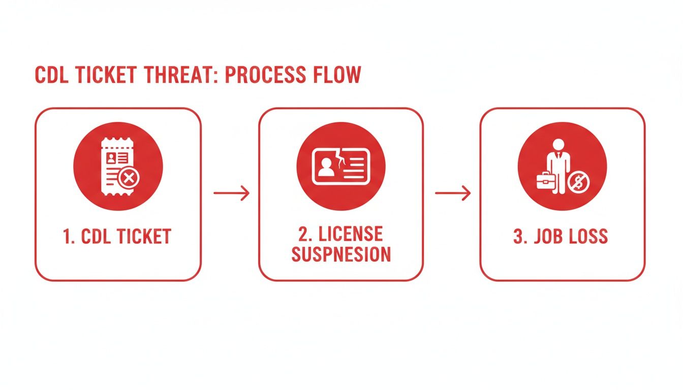A red and white flow chart illustrating the progression from a CDL ticket to license suspension and job loss for drivers.