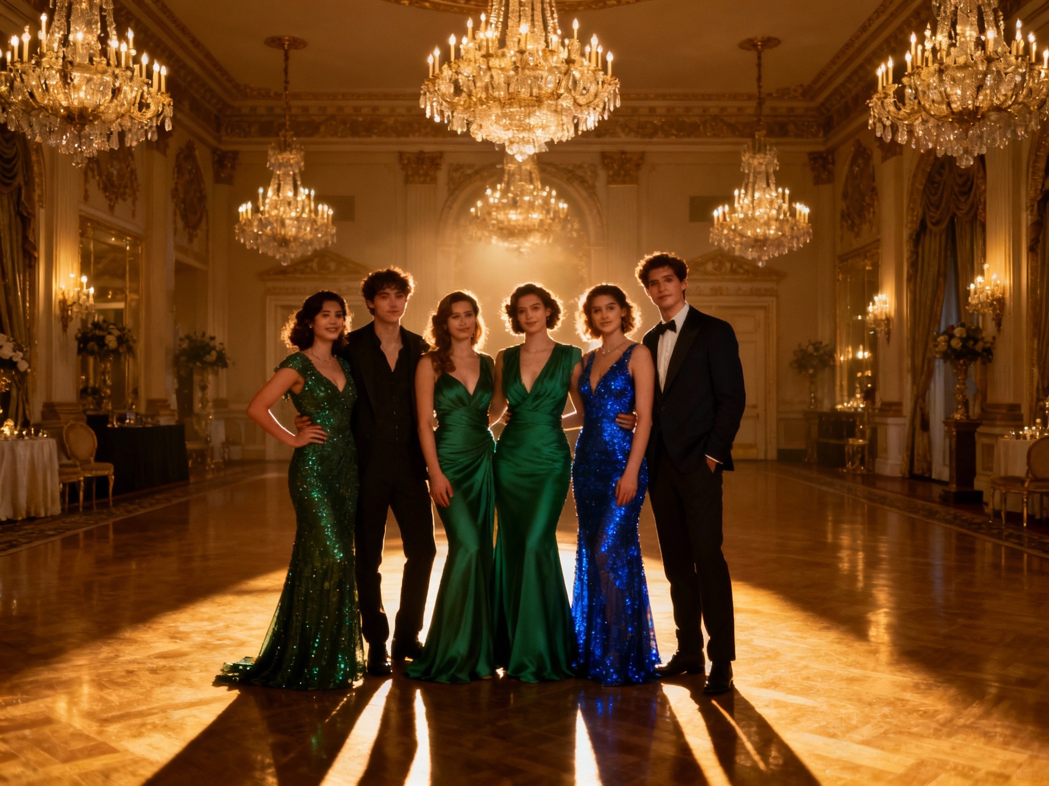 A vintage-inspired prom idea portrayed in a composition inside an elegant ballroom during the golden