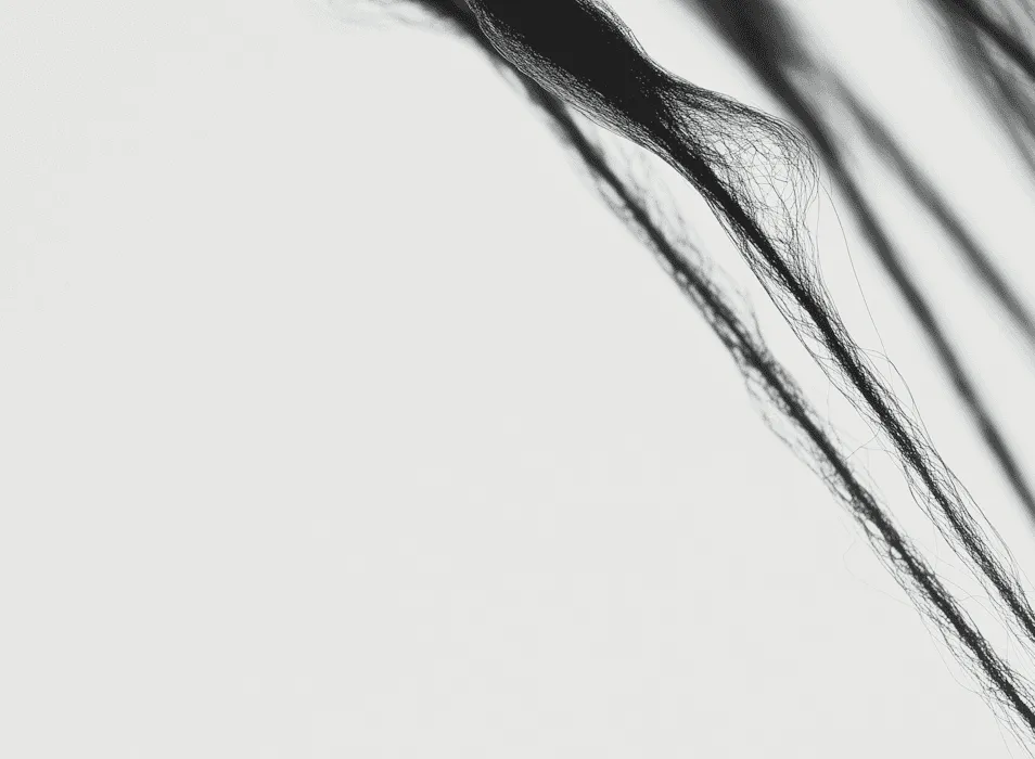 Abstract black and white macro photography showcasing delicate, fibrous organic textures extending across a white background