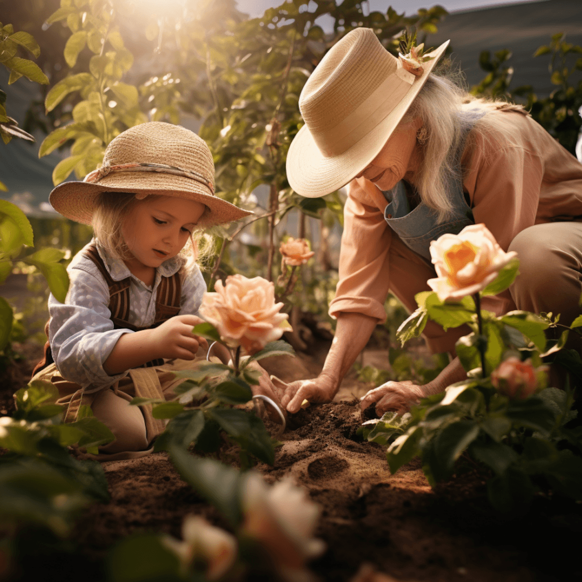 two older women are gardening in a garden