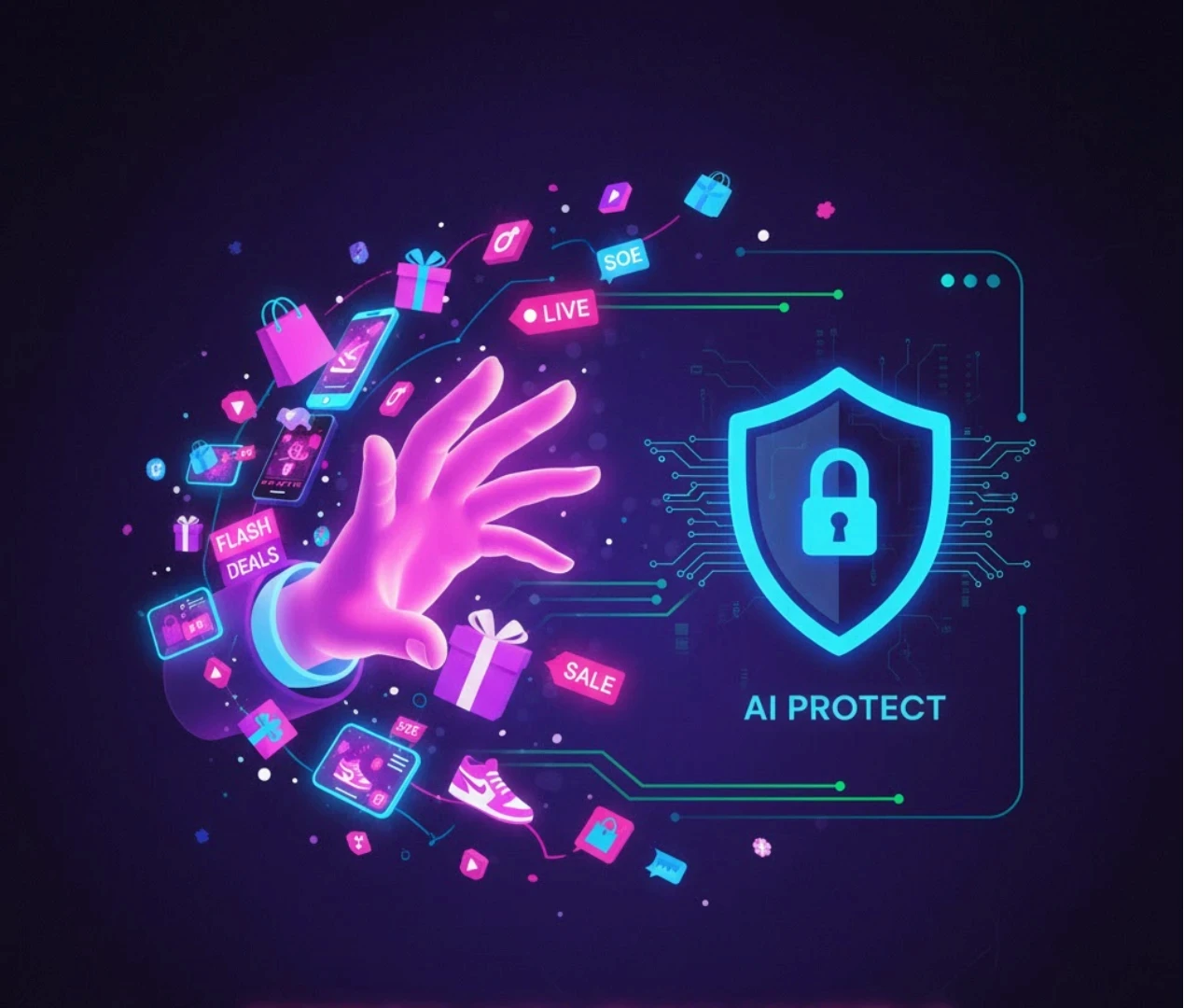 TikTok's viral social commerce, depicted with a glowing hand and icons, meets its "AI PROTECT" shield for holiday safety.
