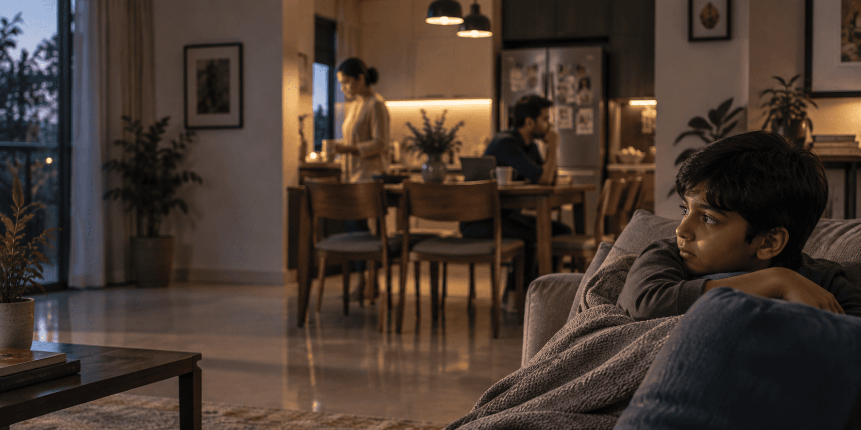Child sitting quietly while observing tension between his parents at home, reflecting how children learn about love and relationships by watching adults.