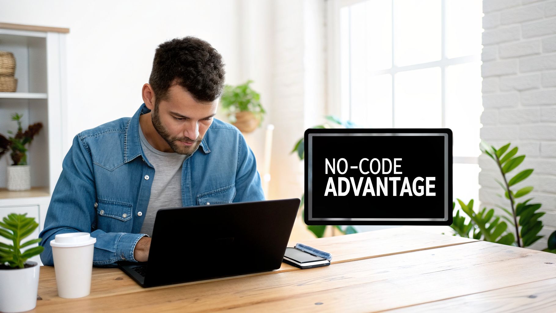 A man focused on his laptop at a wooden desk with a 