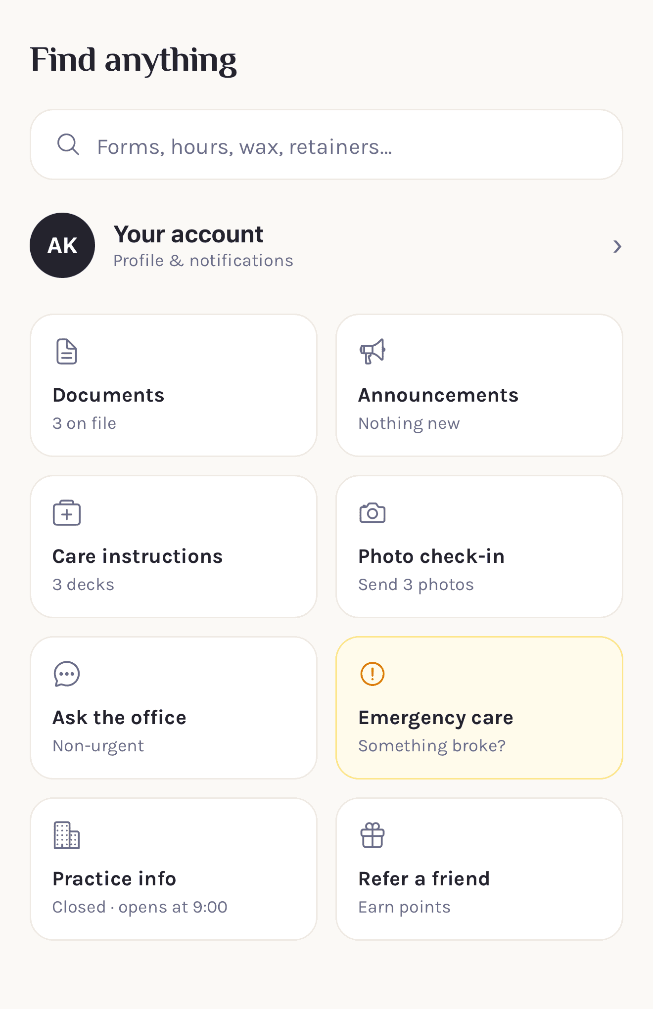 The patient app's Find tab: documents, announcements, care instructions, photo check-in and more