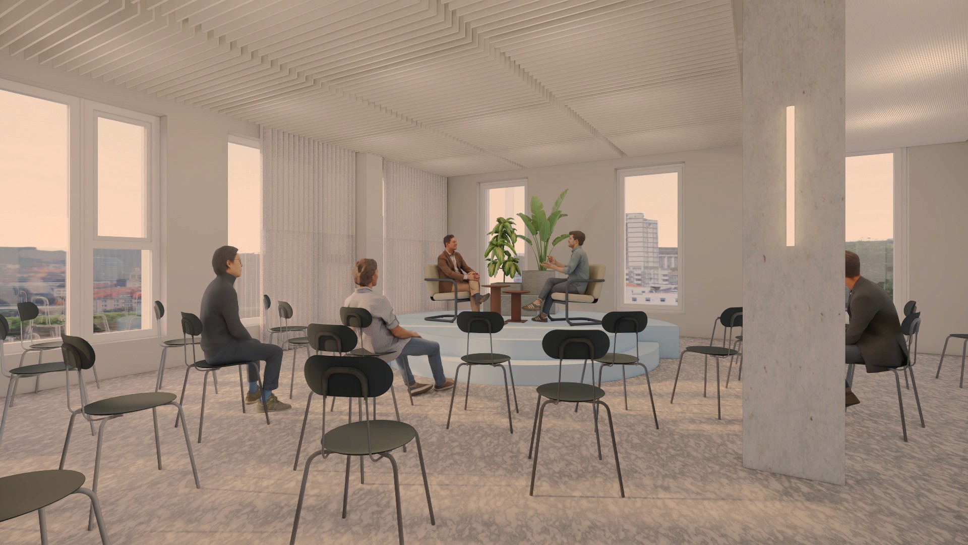 Moderne Arbeitswelt mit offenen Büroflächen, flexiblen Nutzungskonzepten und integrierten Kommunikationszonen